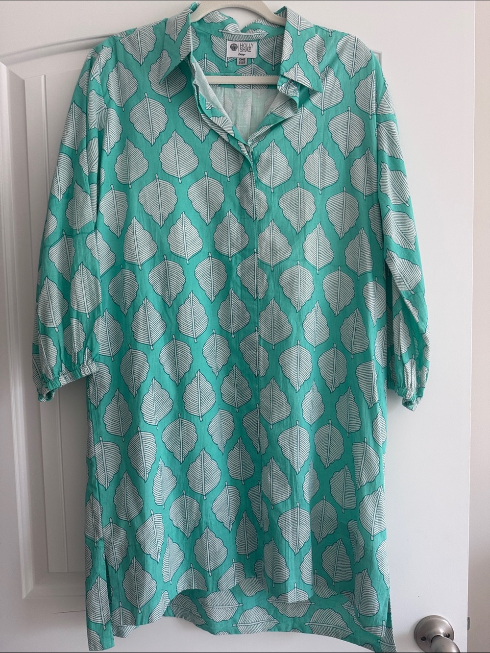Soft Surroundings Teal Leaf Print Shirt Dress